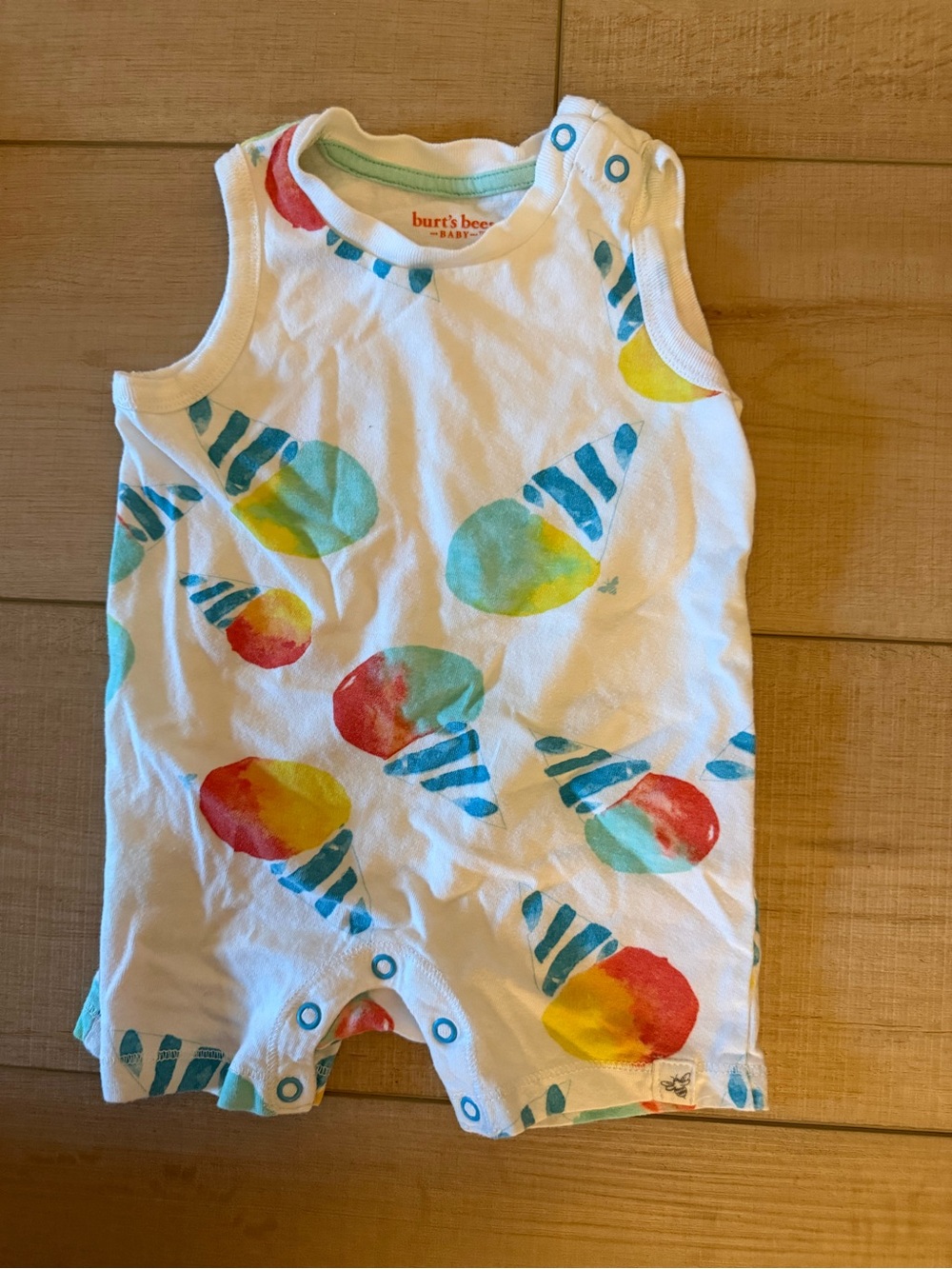 Burt's Bees Baby Sleeveless Snap Romper Ice Cream White Blue 0-3 Months